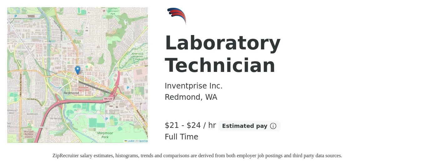 Inventprise Inc. job posting for a Laboratory Technician in Redmond, WA with a salary of $22 to $25 Hourly with a map of Redmond location.
