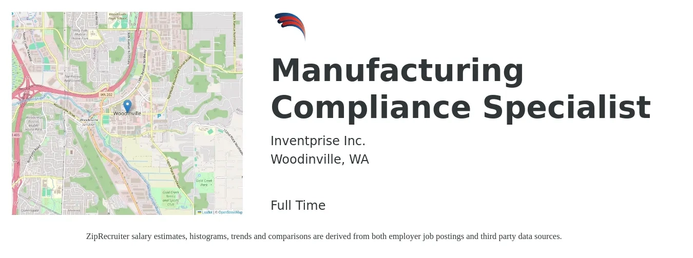 Inventprise Inc. job posting for a Manufacturing Compliance Specialist in Woodinville, WA with a salary of $33 to $38 Hourly with a map of Woodinville location.