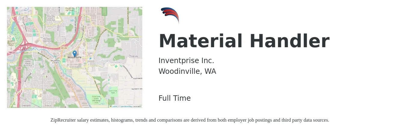 Inventprise Inc. job posting for a Material Handler in Woodinville, WA with a salary of $24 to $30 Hourly with a map of Woodinville location.