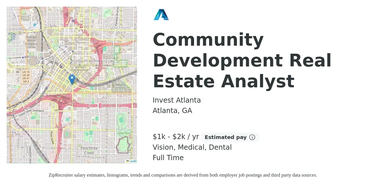 Invest Atlanta job posting for a Community Development Real Estate Analyst in Atlanta, GA with a salary of $1,000 to $2,000 Yearly and benefits including pto, retirement, vision, dental, life_insurance, and medical with a map of Atlanta location.