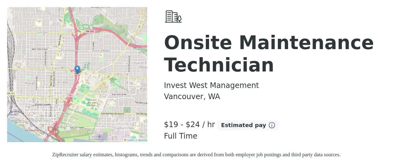 Invest West Management job posting for a Onsite Maintenance Technician in Vancouver, WA with a salary of $20 to $25 Hourly with a map of Vancouver location.