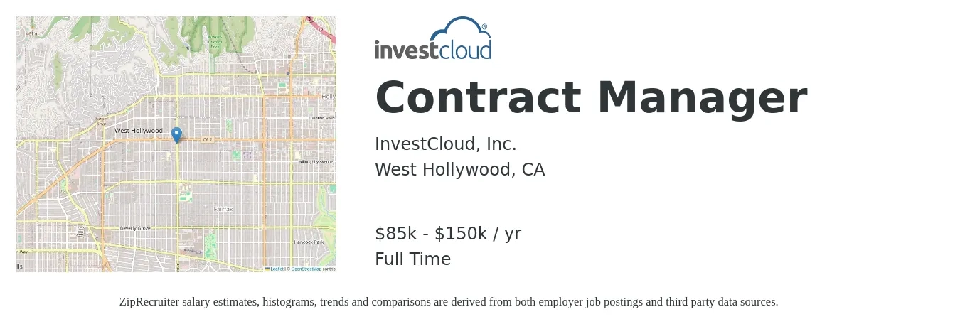 InvestCloud, Inc. job posting for a Contract Manager in West Hollywood, CA with a salary of $85,000 to $150,000 Yearly with a map of West Hollywood location.