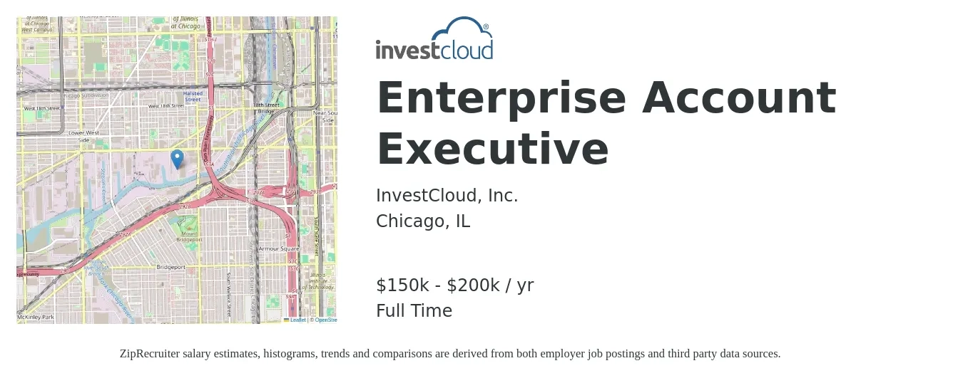 InvestCloud, Inc. job posting for a Enterprise Account Executive in Chicago, IL with a salary of $150,000 to $200,000 Yearly with a map of Chicago location.