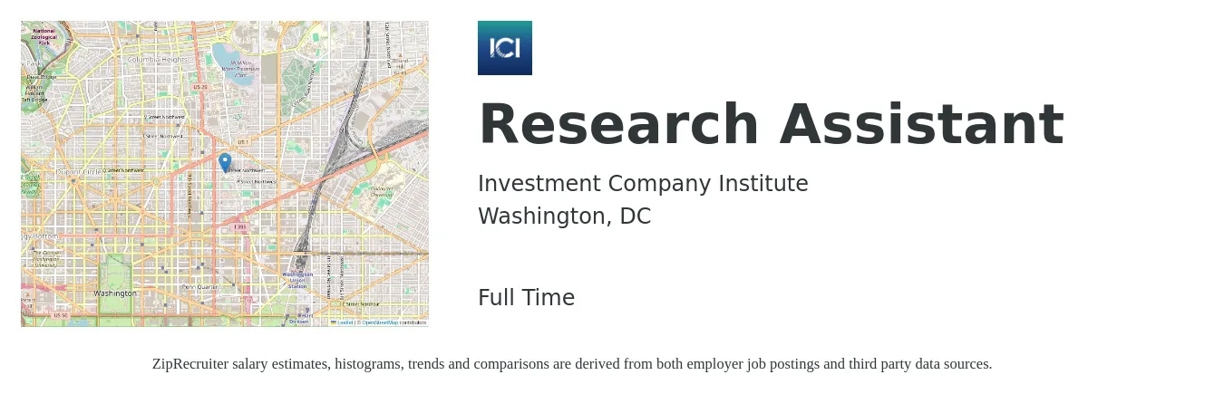 Investment Company Institute job posting for a Research Assistant in Washington, DC with a salary of $22 to $30 Hourly with a map of Washington location.