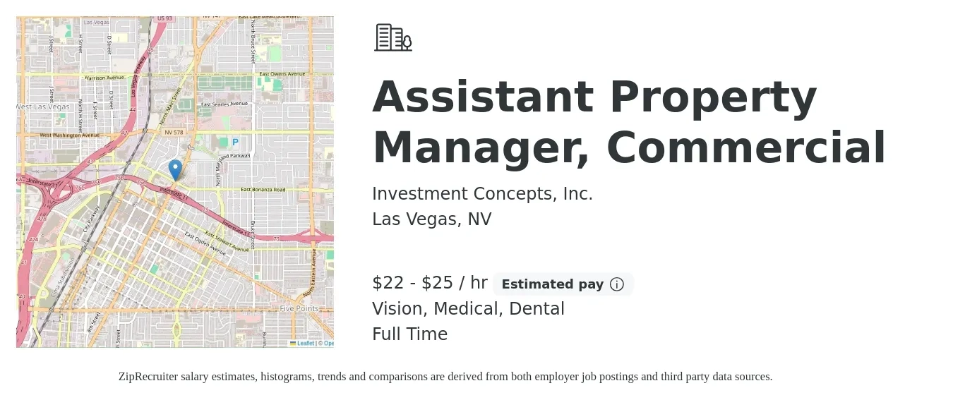 Investment Concepts, Inc. job posting for a Assistant Property Manager, Commercial in Las Vegas, NV with a salary of $23 to $26 Hourly and benefits including medical, retirement, vision, dental, and life_insurance with a map of Las Vegas location.