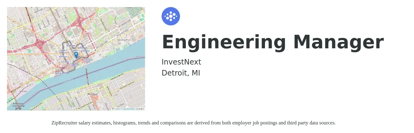 InvestNext job posting for a Engineering Manager in Detroit, MI with a salary of $106,600 to $158,300 Yearly with a map of Detroit location.