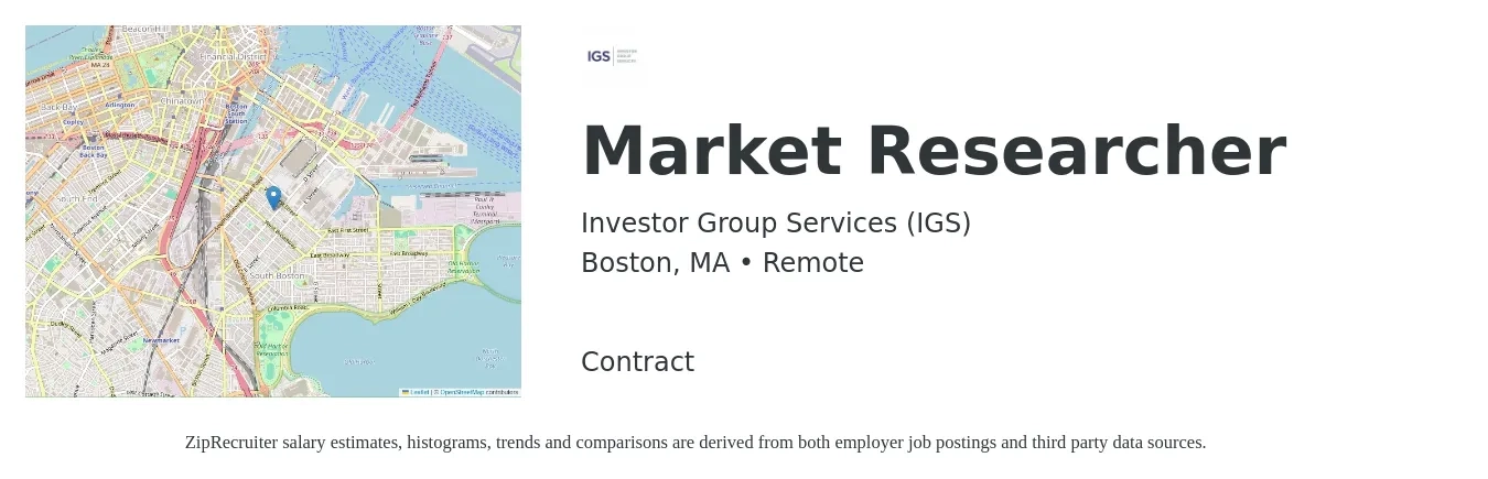 Investor Group Services (IGS) job posting for a Market Researcher in Boston, MA with a salary of $76,000 to $167,300 Yearly with a map of Boston location.
