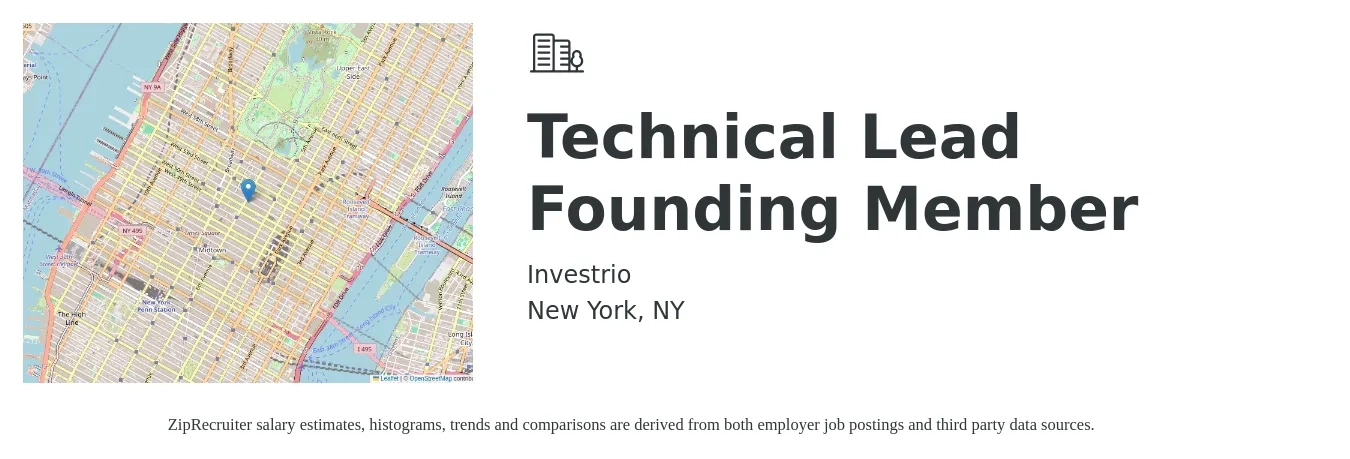 Investrio job posting for a Technical Lead Founding Member in New York, NY with a salary of $126,900 to $224,300 Yearly with a map of New York location.