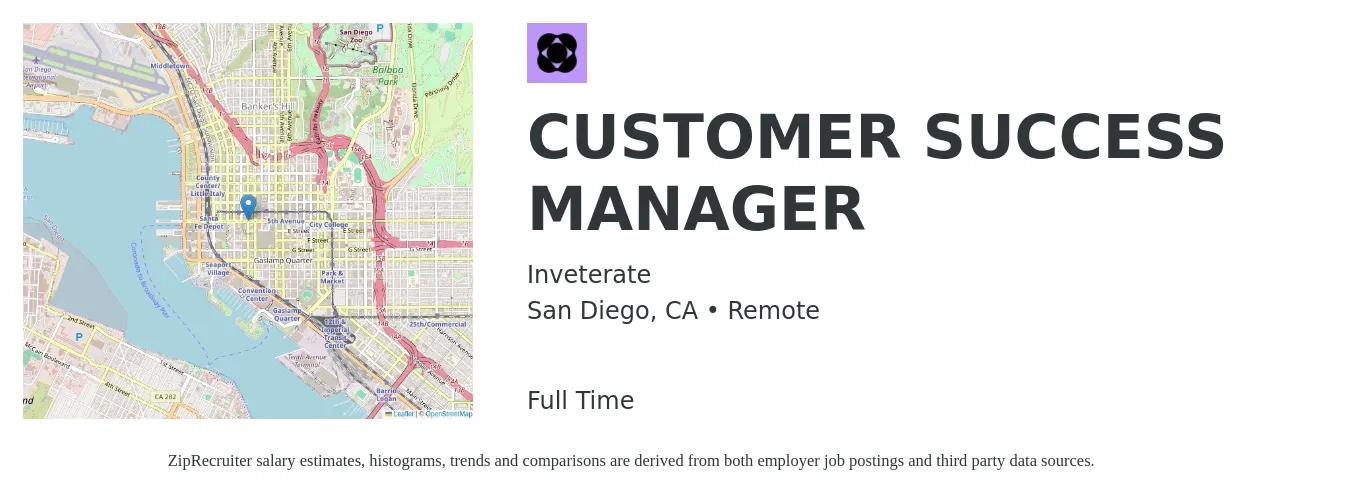 Inveterate job posting for a CUSTOMER SUCCESS MANAGER in San Diego, CA with a salary of $63,200 to $105,100 Yearly with a map of San Diego location.