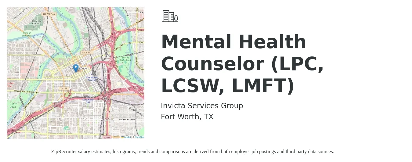 Invicta Services Group job posting for a Mental Health Counselor (LPC, LCSW, LMFT) in Fort Worth, TX with a salary of $59,400 to $95,700 Yearly with a map of Fort Worth location.