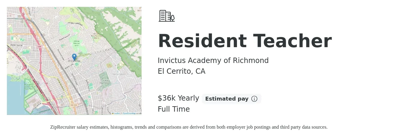 Invictus Academy of Richmond job posting for a Resident Teacher in El Cerrito, CA with a salary of $36,000 Yearly with a map of El Cerrito location.
