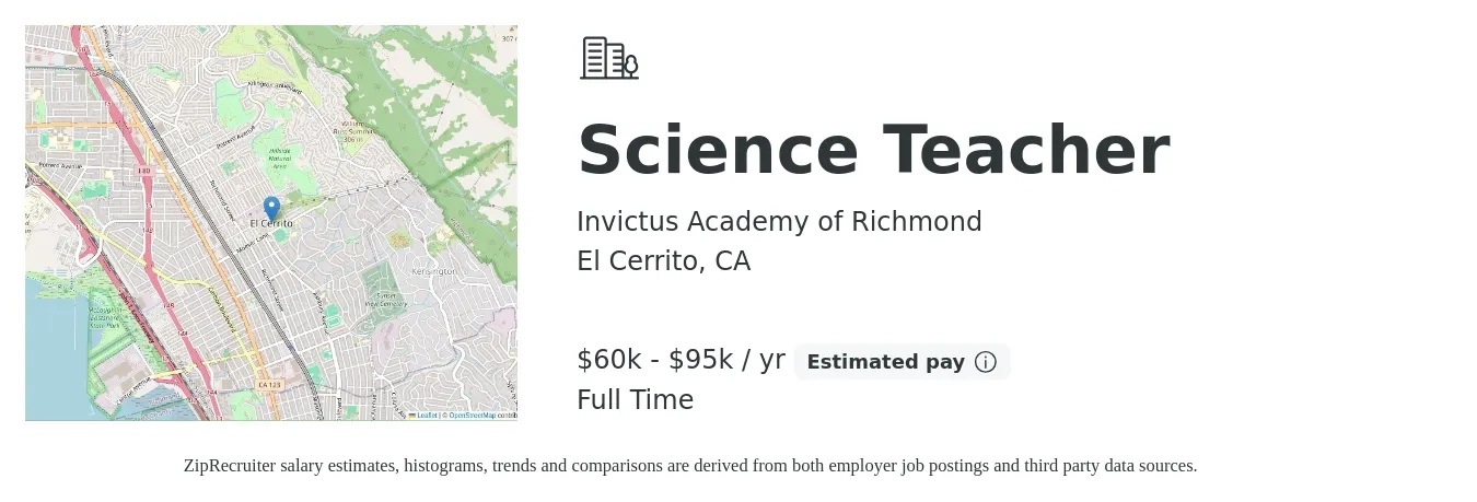 Invictus Academy of Richmond job posting for a Science Teacher in El Cerrito, CA with a salary of $60,375 to $95,126 Yearly with a map of El Cerrito location.