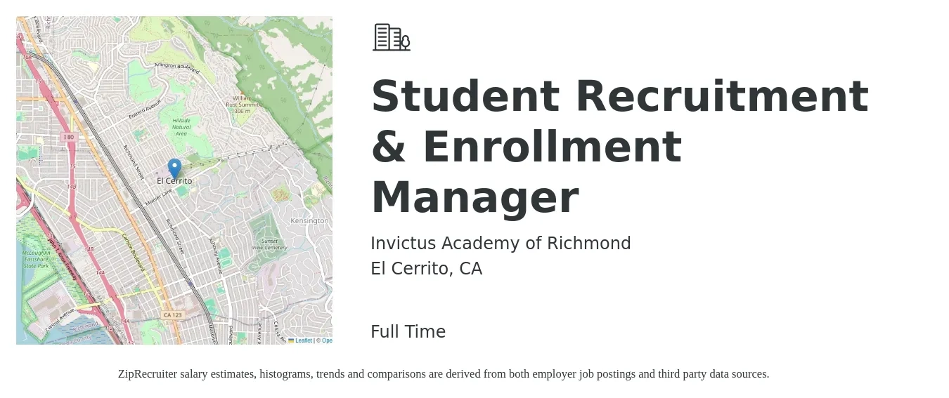 Invictus Academy of Richmond job posting for a Student Recruitment & Enrollment Manager in El Cerrito, CA with a salary of $69,888 to $84,813 Yearly with a map of El Cerrito location.