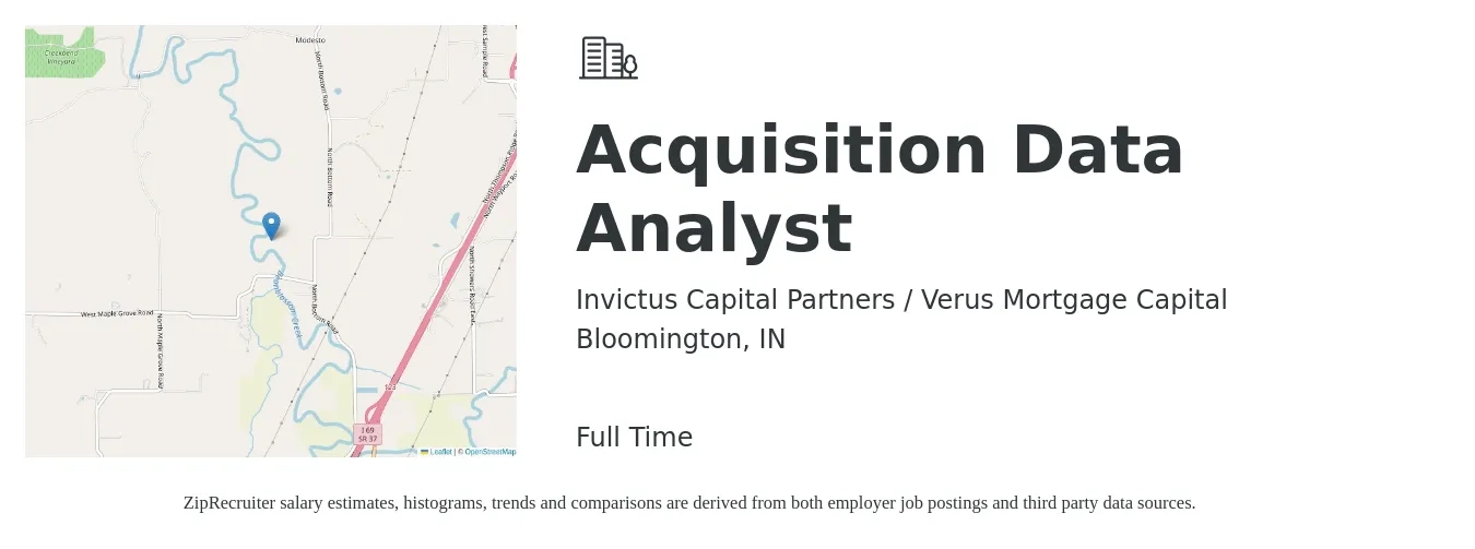 Invictus Capital Partners / Verus Mortgage Capital job posting for a Acquisition Data Analyst in Bloomington, IN with a salary of $57,800 to $89,700 Yearly with a map of Bloomington location.