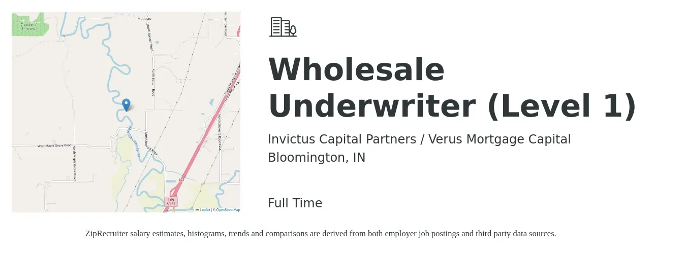Invictus Capital Partners / Verus Mortgage Capital job posting for a Wholesale Underwriter (Level 1) in Bloomington, IN with a salary of $56,400 to $80,500 Yearly with a map of Bloomington location.