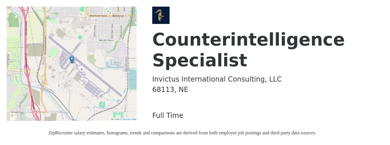 Invictus International Consulting, LLC job posting for a Counterintelligence Specialist in 68113, NE with a salary of $66,300 to $89,100 Yearly with a map of 68113 location.