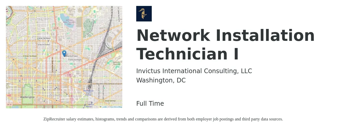 Invictus International Consulting, LLC job posting for a Network Installation Technician I in Washington, DC with a salary of $26 to $34 Hourly with a map of Washington location.