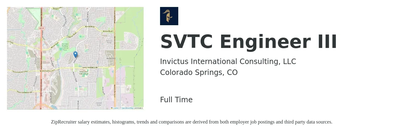 Invictus International Consulting, LLC job posting for a SVTC Engineer III in Colorado Springs, CO with a salary of $42 to $64 Hourly with a map of Colorado Springs location.