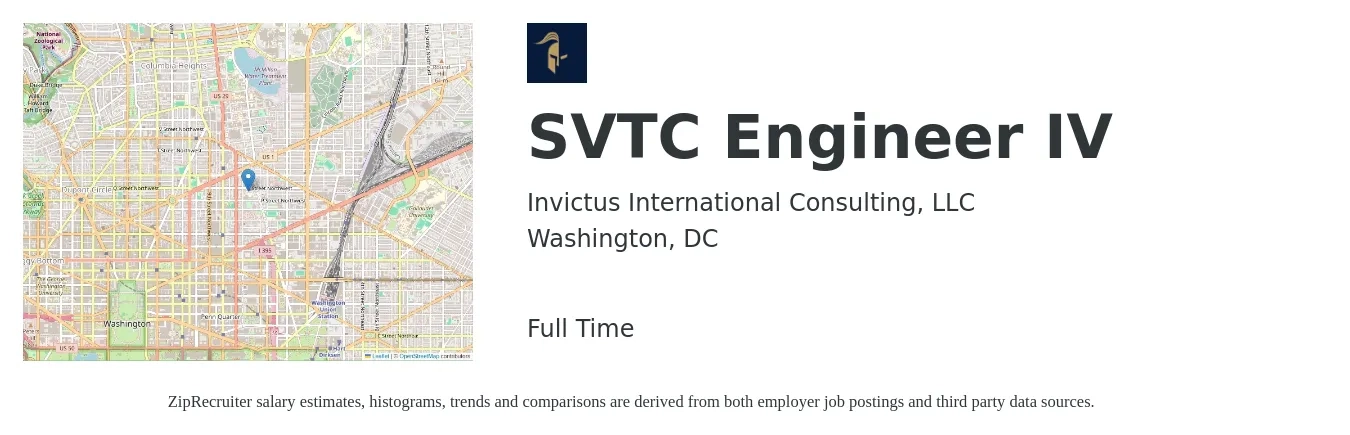 Invictus International Consulting, LLC job posting for a SVTC Engineer IV in Washington, DC with a salary of $48 to $74 Hourly with a map of Washington location.