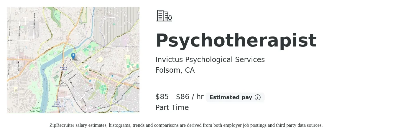 Invictus Psychological Services job posting for a Psychotherapist in Folsom, CA with a salary of $89 to $90 Hourly with a map of Folsom location.