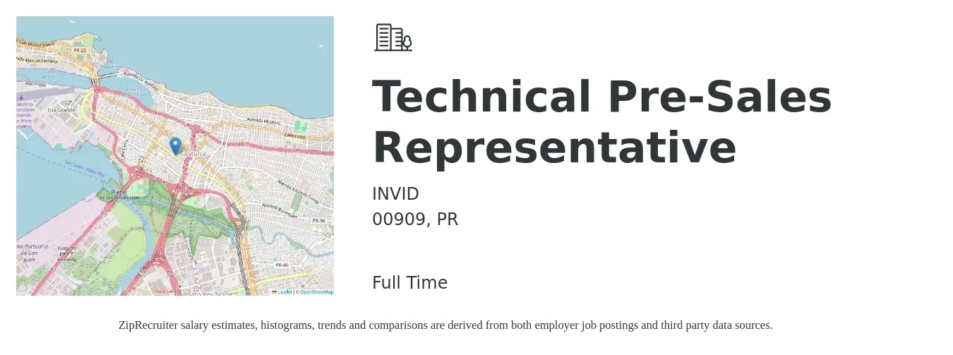 INVID job posting for a Technical Pre-Sales Representative in 00909, PR with a salary of $61,400 to $88,300 Yearly with a map of 00909 location.