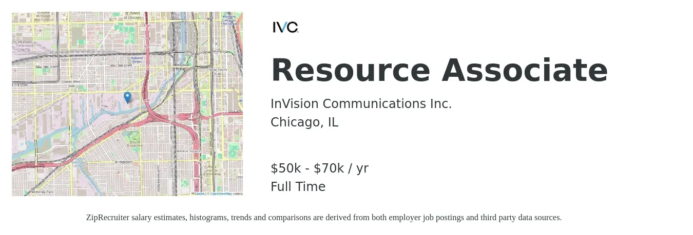 InVision Communications Inc. job posting for a Resource Associate in Chicago, IL with a salary of $50,000 to $70,000 Yearly with a map of Chicago location.