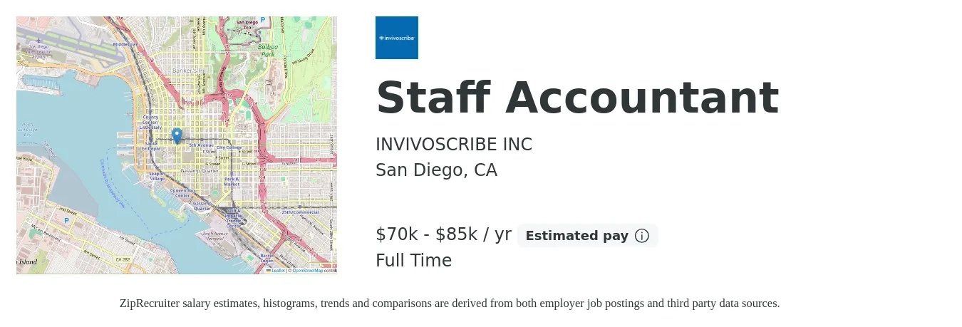 INVIVOSCRIBE INC job posting for a Staff Accountant in San Diego, CA with a salary of $70,000 to $85,000 Yearly with a map of San Diego location.