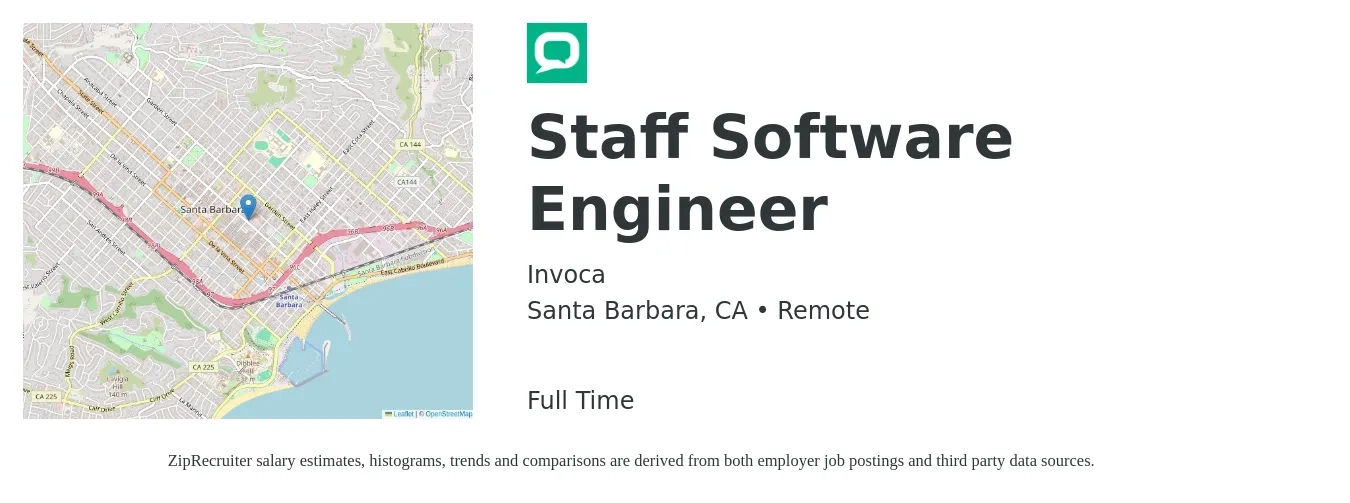 Invoca job posting for a Staff Software Engineer in Santa Barbara, CA with a salary of $149,700 to $212,000 Yearly with a map of Santa Barbara location.