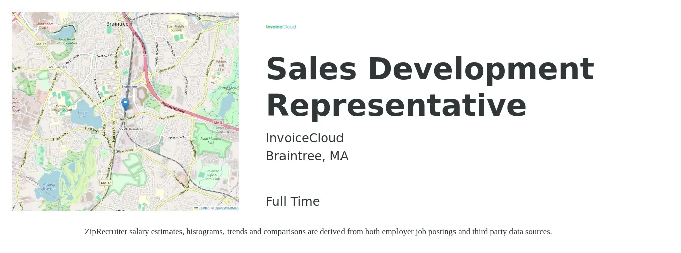 InvoiceCloud job posting for a Sales Development Representative in Braintree, MA with a salary of $42,700 to $62,000 Yearly with a map of Braintree location.