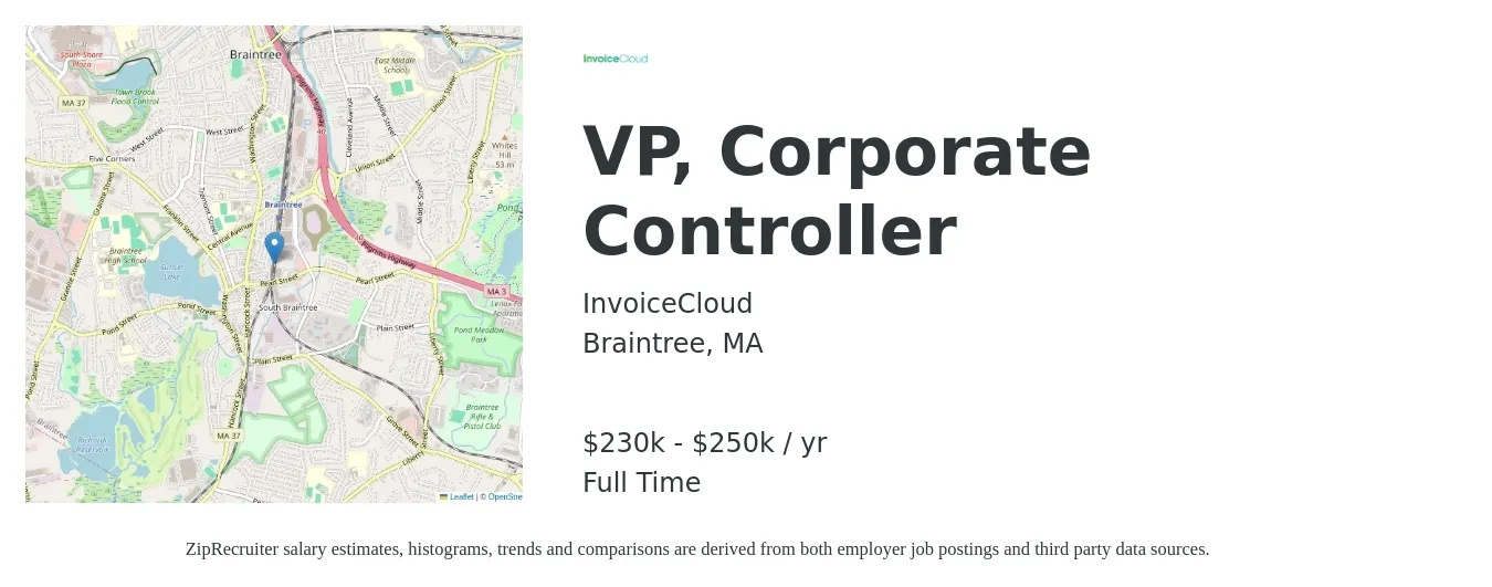 InvoiceCloud job posting for a VP, Corporate Controller in Braintree, MA with a salary of $230,000 to $250,000 Yearly with a map of Braintree location.