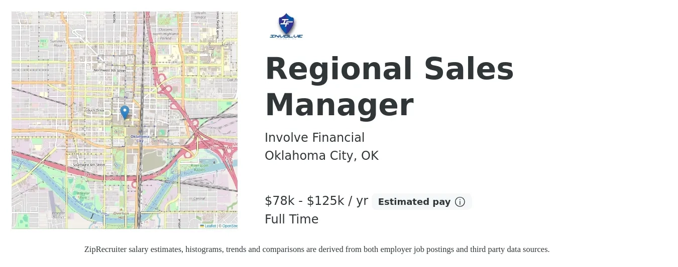 Involve Financial job posting for a Regional Sales Manager in Oklahoma City, OK with a salary of $78,000 to $125,000 Yearly with a map of Oklahoma City location.