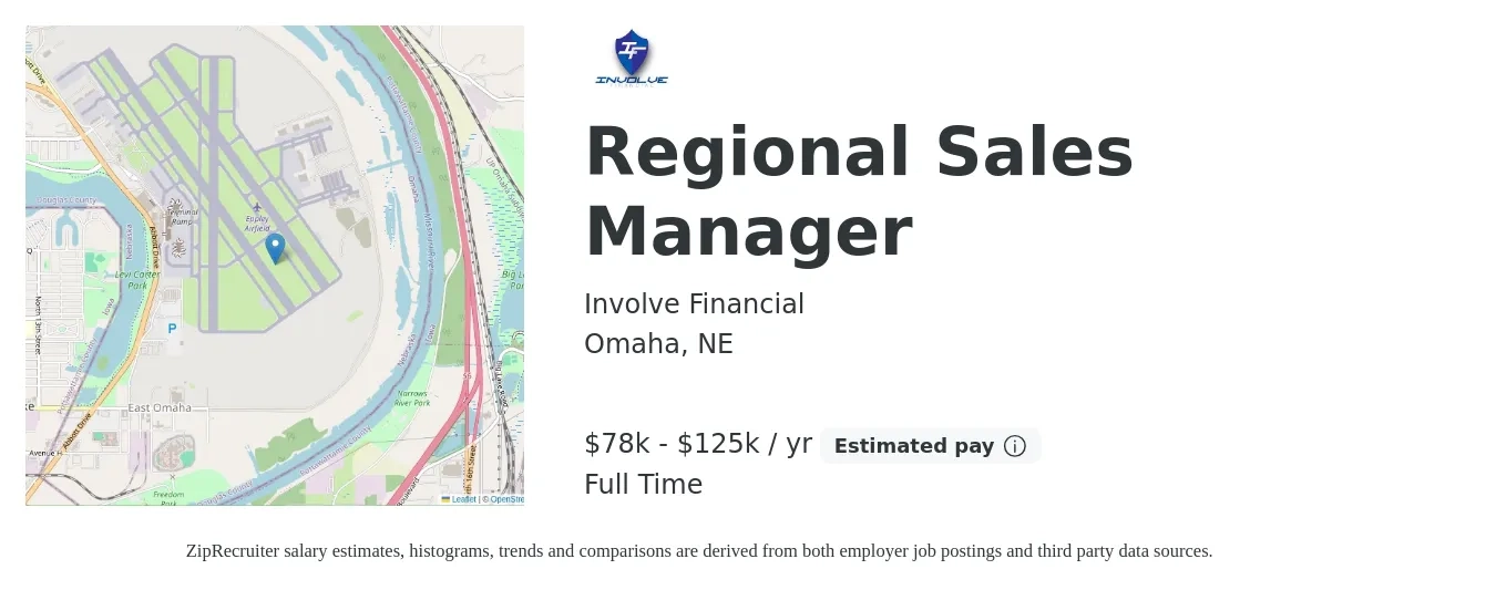 Involve Financial job posting for a Regional Sales Manager in Omaha, NE with a salary of $78,000 to $125,000 Yearly with a map of Omaha location.
