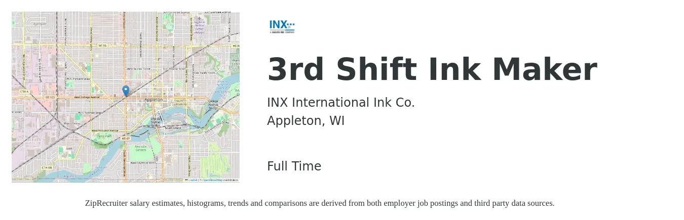 INX International Ink Co. job posting for a 3rd Shift Ink Maker in Appleton, WI with a salary of $13 Hourly with a map of Appleton location.