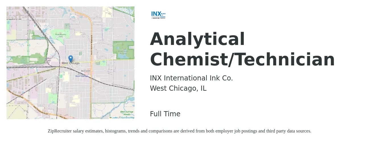 INX International Ink Co. job posting for a Analytical Chemist/Technician in West Chicago, IL with a salary of $26 to $38 Hourly with a map of West Chicago location.