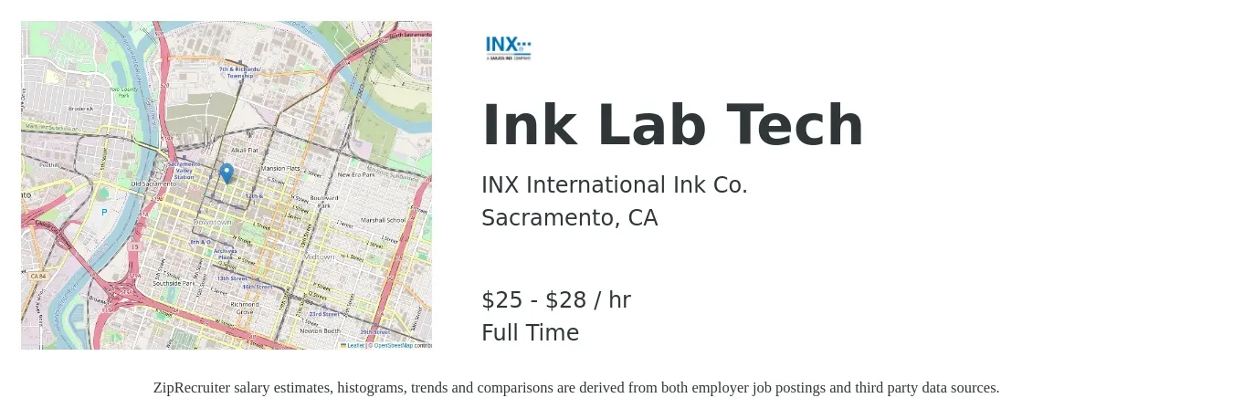 INX International Ink Co. job posting for a Ink Lab Tech in Sacramento, CA with a salary of $26 to $30 Hourly with a map of Sacramento location.