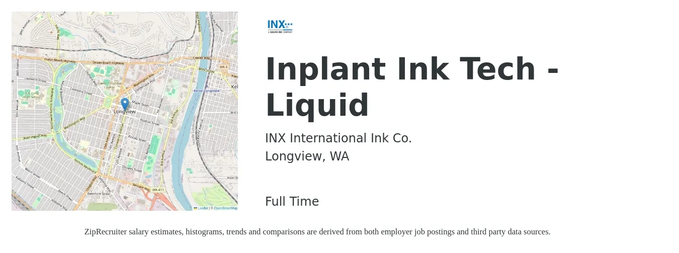 INX International Ink Co. job posting for a Inplant Ink Tech - Liquid in Longview, WA with a salary of $30 to $36 Hourly with a map of Longview location.