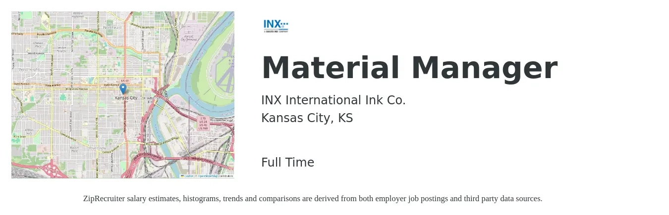INX International Ink Co. job posting for a Material Manager in Kansas City, KS with a salary of $60,800 to $99,300 Yearly with a map of Kansas City location.