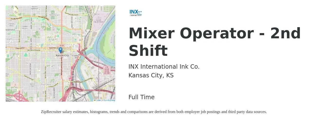 INX International Ink Co. job posting for a Mixer Operator - 2nd Shift in Kansas City, KS with a salary of $16 to $19 Hourly with a map of Kansas City location.