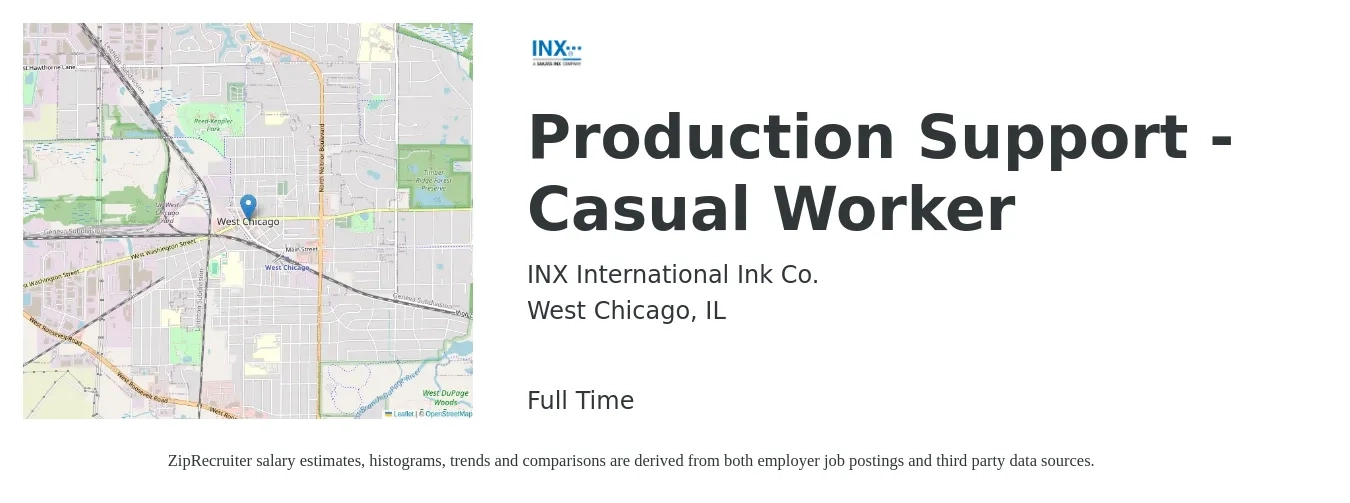 INX International Ink Co. job posting for a Production Support - Casual Worker in West Chicago, IL with a salary of $20 Hourly with a map of West Chicago location.