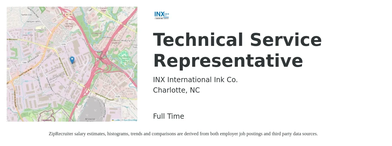 INX International Ink Co. job posting for a Technical Service Representative in Charlotte, NC with a salary of $20 to $31 Hourly with a map of Charlotte location.