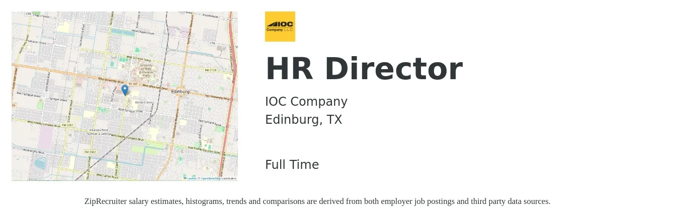 IOC Company job posting for a HR Director in Edinburg, TX with a salary of $66,700 to $102,800 Yearly with a map of Edinburg location.