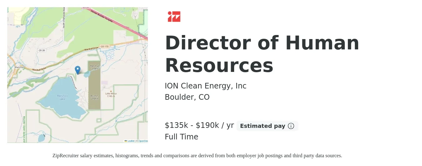 ION Clean Energy, Inc job posting for a Director of Human Resources in Boulder, CO with a salary of $135,000 to $190,000 Yearly with a map of Boulder location.