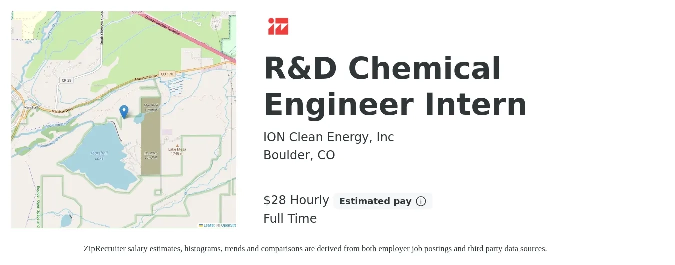 ION Clean Energy, Inc job posting for a R&D Chemical Engineer Intern in Boulder, CO with a salary of $30 Hourly with a map of Boulder location.