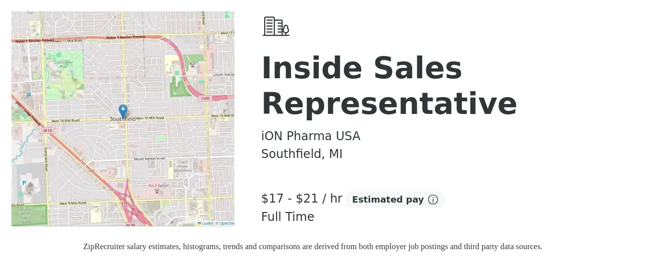 iON Pharma USA job posting for a Inside Sales Representative in Southfield, MI with a salary of $18 to $22 Hourly (plus commission) and benefits including pto, and medical with a map of Southfield location.