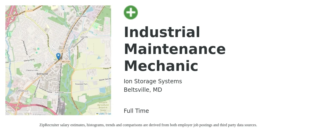 Ion Storage Systems job posting for a Industrial Maintenance Mechanic in Beltsville, MD with a salary of $26 to $32 Hourly with a map of Beltsville location.