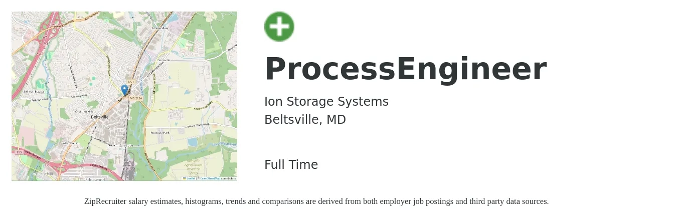 Ion Storage Systems job posting for a Process Engineer in Beltsville, MD with a salary of $75,500 to $104,400 Yearly with a map of Beltsville location.