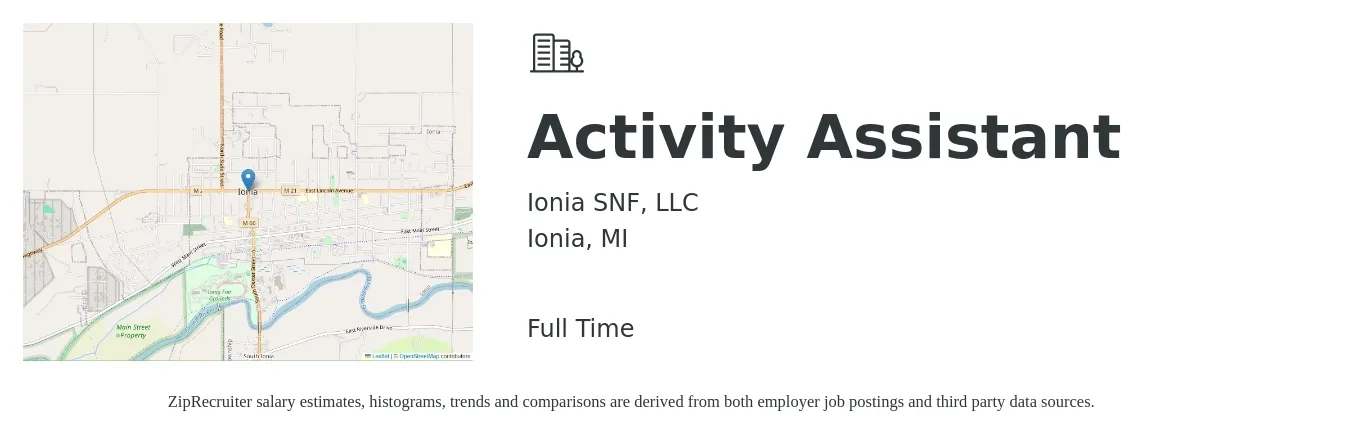 Ionia SNF, LLC job posting for a Activity Assistant in Ionia, MI with a salary of $14 to $16 Hourly with a map of Ionia location.