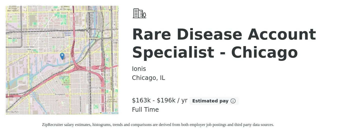 Ionis job posting for a Rare Disease Account Specialist - Chicago in Chicago, IL with a salary of $163,614 to $196,267 Yearly with a map of Chicago location.