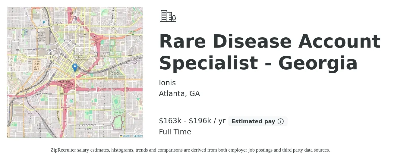 Ionis job posting for a Rare Disease Account Specialist - Georgia in Atlanta, GA with a salary of $163,614 to $196,267 Yearly with a map of Atlanta location.