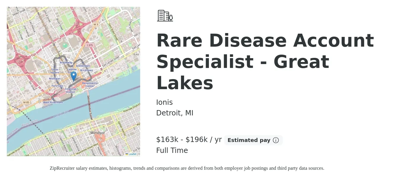 Ionis job posting for a Rare Disease Account Specialist - Great Lakes in Detroit, MI with a salary of $163,614 to $196,267 Yearly with a map of Detroit location.